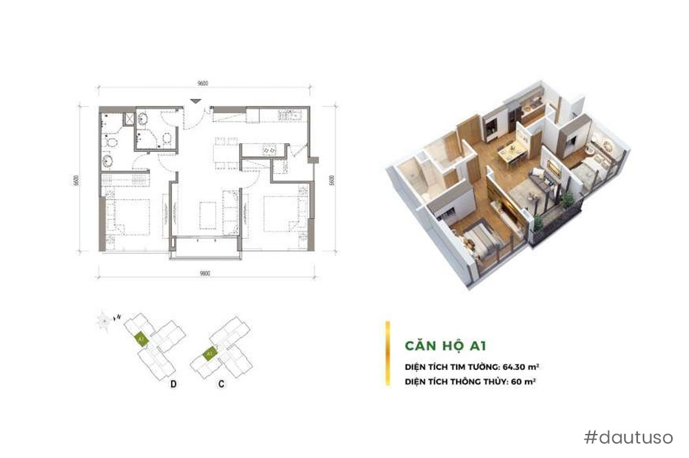 Diện tích tim tường và thông thủy của một căn hộ Chung cư điển hình