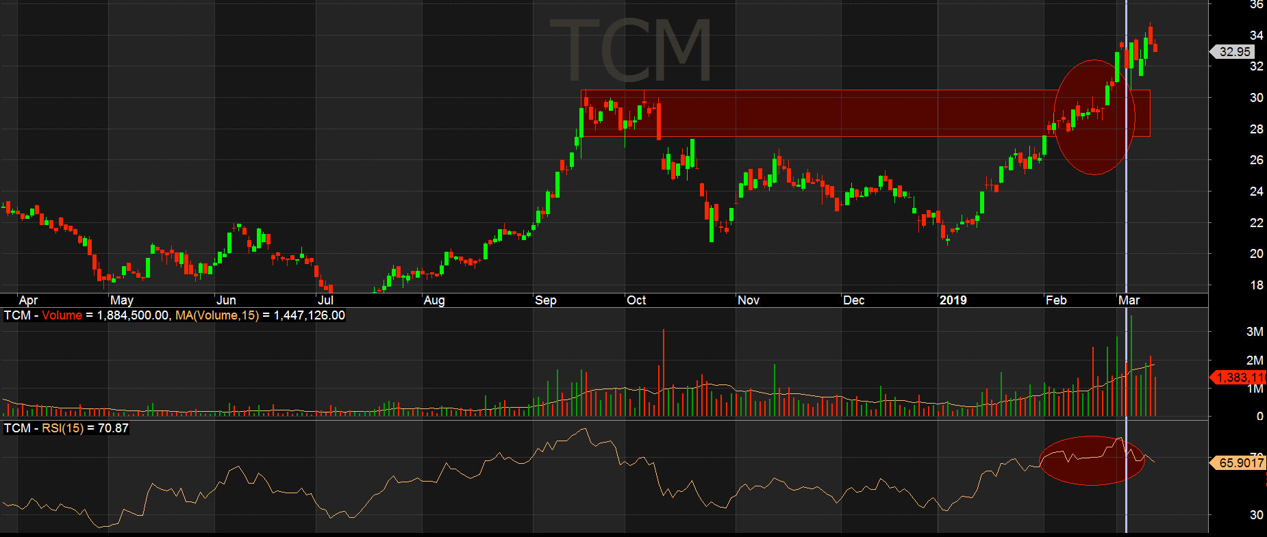 Cổ phiếu TCM vượt kháng cự RSI khá cao