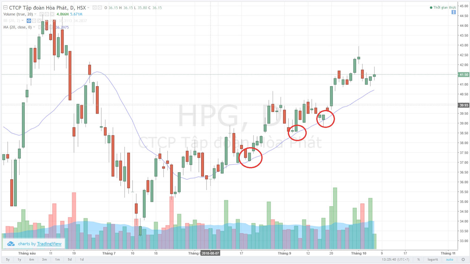 Giá của HPG, mỗi khi giảm chạm đường MA20 là ngưỡng hỗ trợ, nó liền bật tăng trở lại